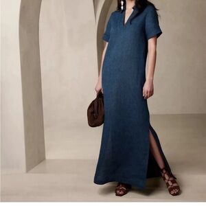 BANANA REPUBLIC Cruz Linen Maxi Shirtdress Small | Indigo Dress #632497 NEW